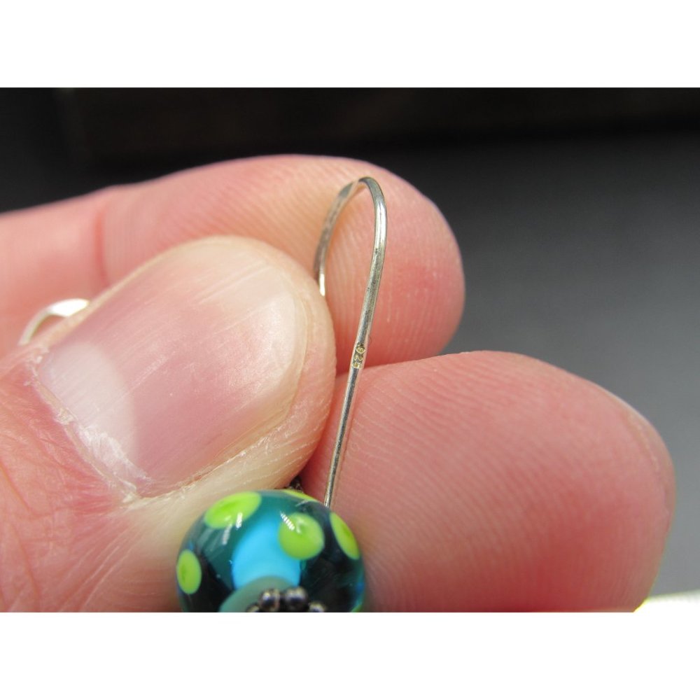 Sterling Silver Blue And Green Glass Earrings - Picture 3 of 5